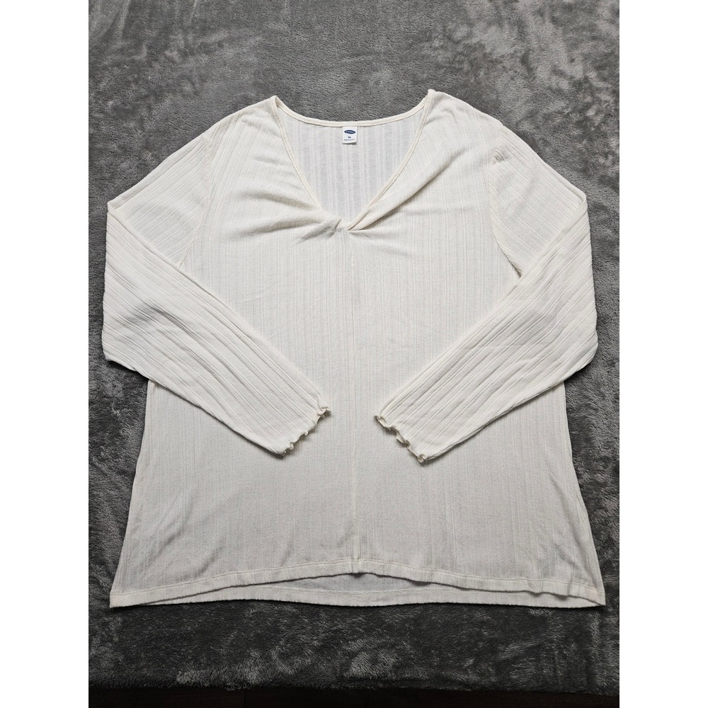 Old Navy Womens XXL Ribbed V-Neck Long Sleeve Top Cream Lettuce Edge Trim Plus